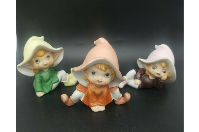 Homco Pixie Elf Figurines Set of 3 Ceramic Bisque Gnome Fairies-Vintage #5213