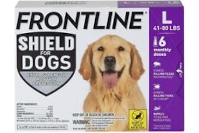 FRONTLINE Shield for Dogs Flea and Tick Treatment - 41-80 lbs, Pack of 6 Doses