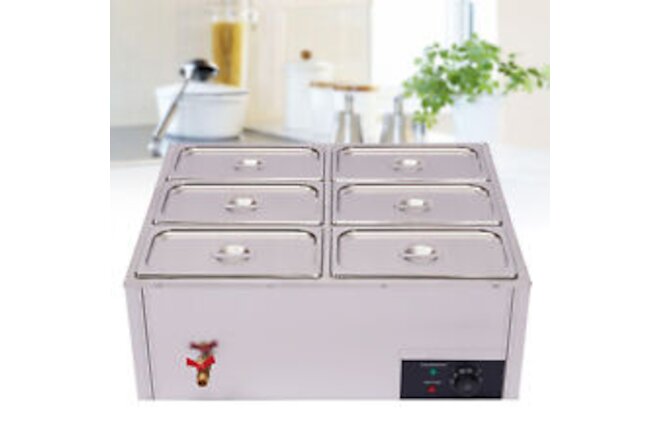 6-Pans Steamer Commercial Food Warmer Buffet Electric Countertop Stainless Steel
