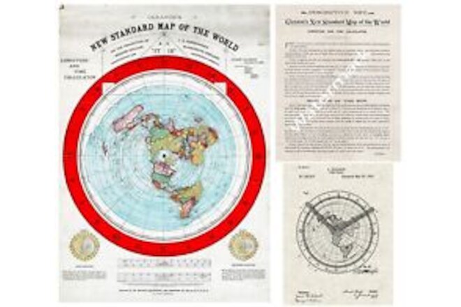 Flat Earth World Map + Patent + Verso Key - 23x32 in. Alexander Gleason's 1892