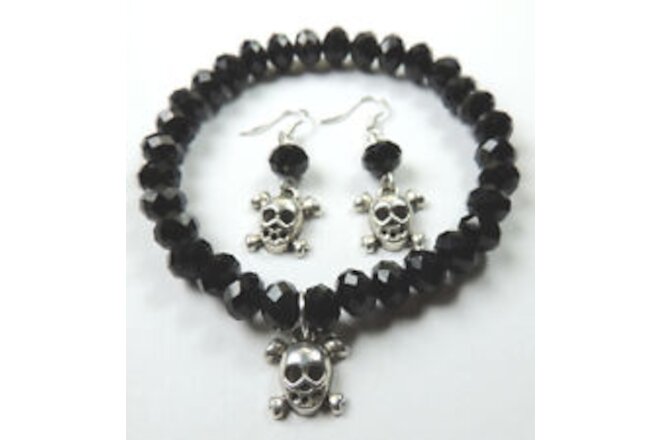 Black Crystal Stretch Skull Bracelet & Earring Set