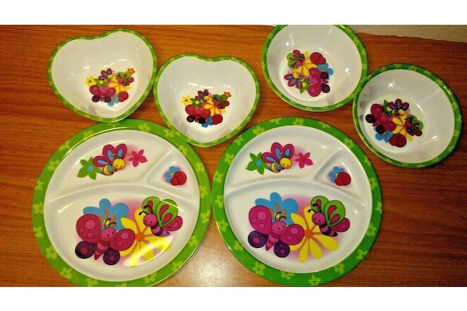 6pc Butterfly Pattern Divided Plates and Bowls Kids Snack Size Adorable