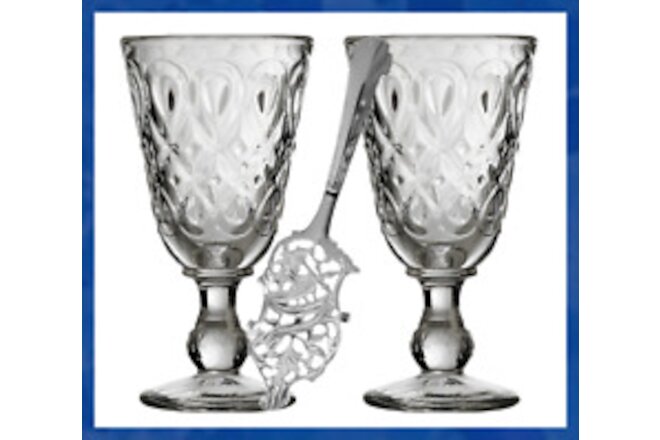 2 French Lyonnais Absinthe Glasses & Absinthe Spoon Set