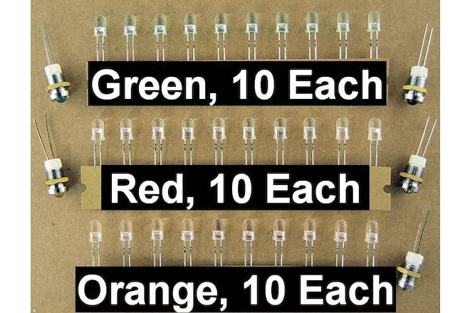 10ea 5mm Red Green Orange LEDs Indicator Lights  5ea Chrome Panel LED Holders