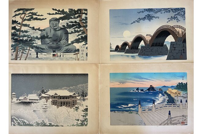 4 Japanese Woodblock Prints Tomikichiro Tokuriki Futami Bay Buddha Temple Bridge