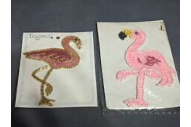 Sequined Pink Flamingos 2 Sew On Patches Vintage NIP
