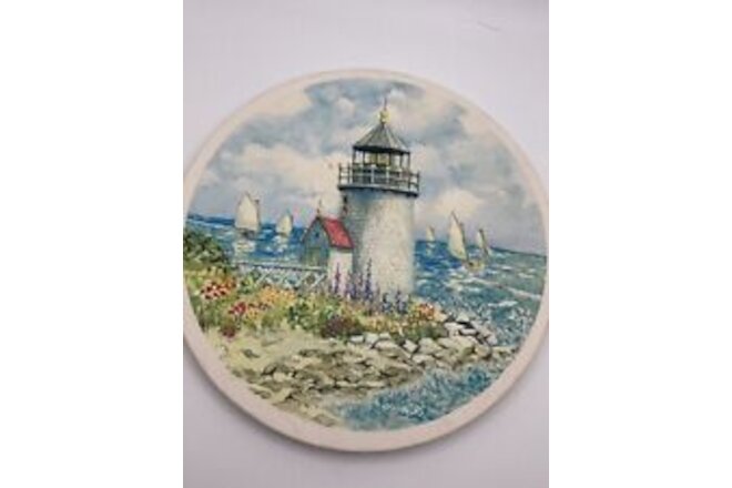 Hand Painted Lighthouse Seaside Ceramic Cork Backed Trivet Signed By Hopkins 6”