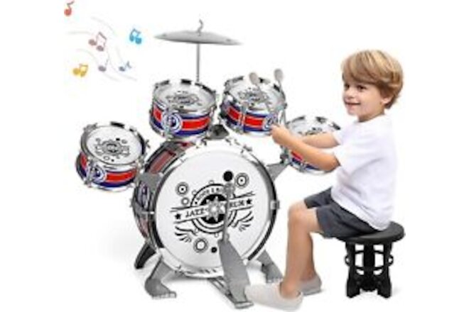 M SANMERSEN Toddler Drum Kit Kids Toy Jazz Drum Set 5 Drums with Stool
