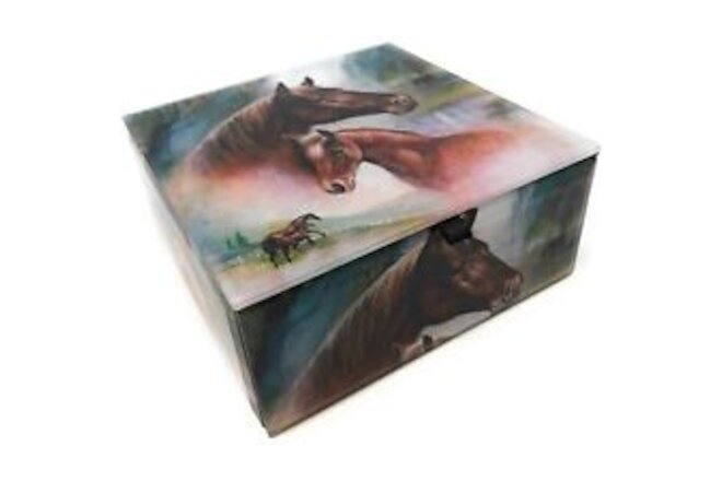 Horse Family Glass Keepsake Trinket Jewelry Box Container Velvet Lined Horses