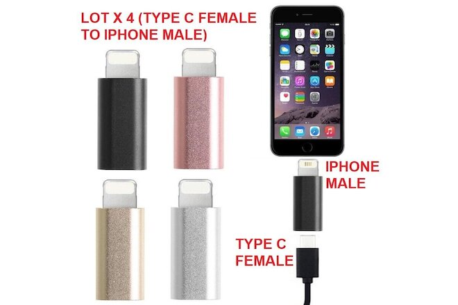 Type-C Female to IPHONE Male Adapter for Charging & Data, 4 pack MIX COLORS
