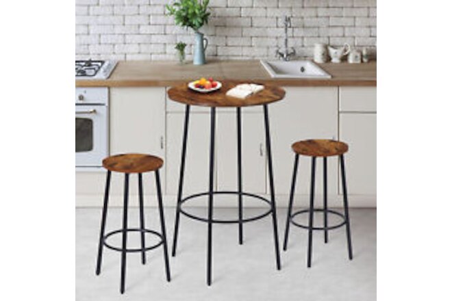 3-Piece Pub Dining Set Modern Compact Round Counter Height Bar Table Rustic Brow