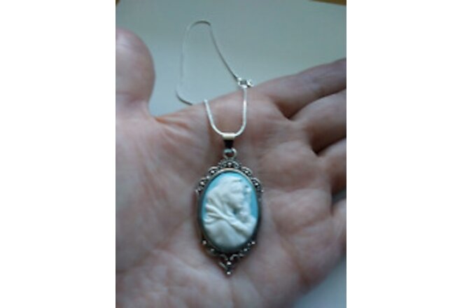 Mary Madonna & Child Pendant Wedgewood Blue Cameo necklace 925 sterling silver