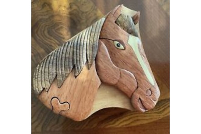 Hand Crafted Of Exotic Woods, Horse Head Trinket Puzzle Box