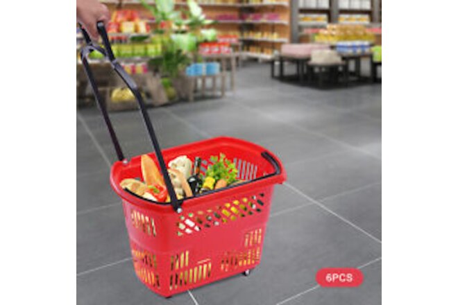 35L 6PCS Shopping Carts with Wheels and Handle, Red Shopping Basket Plastic New
