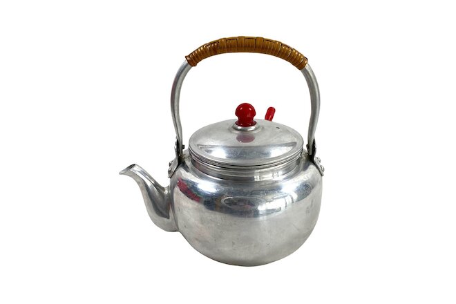 VTG 1950s Aluminum Tea Pot with Internal Strainer Red Lucite Knobs Made in Japan