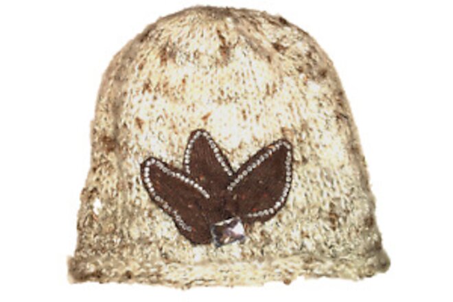 Tweed Pattern Knit Beanie Winter Hat with Leaf & Rhinestones & Gem OS