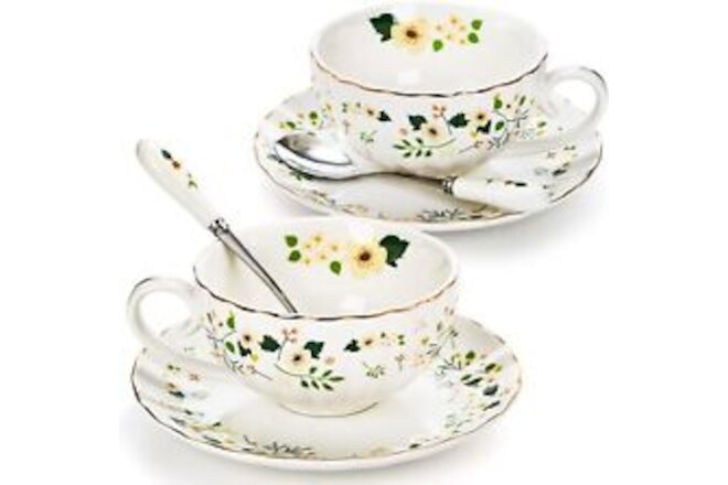 Set of 2 Tea Cup and Saucers, 6 Oz Floral Cups with Spoon Gold White