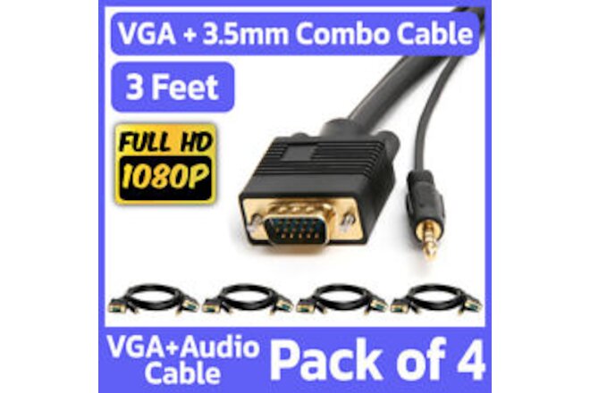 4 Pack 3FT VGA Cable + 3.5mm Audio SVGA Male to Male Monitor PC Cord with Aux