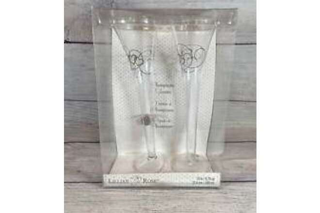 Lillian & Rose Wedding Champagne Glasses w/Charms Double Heart Flutes