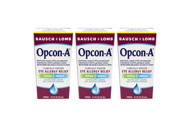 Lot of 3 - Bausch + Lomb Opcon-A Allergy Relief Eye Drops - 0.5oz Each
