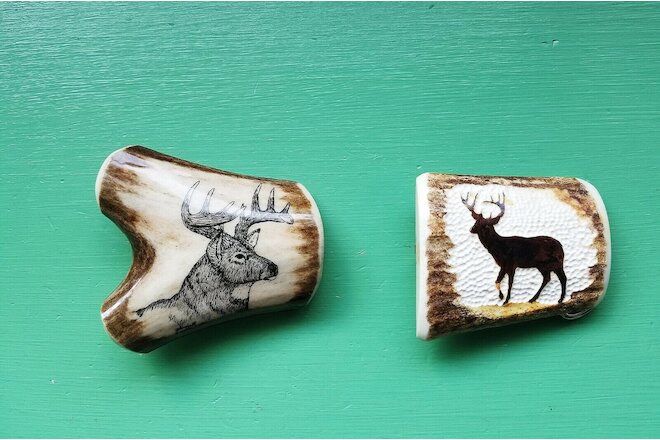 2 Vtg Hand Made Shed Antler Carved Etch Buck Whitetail Deer Artwork Belt Buckles