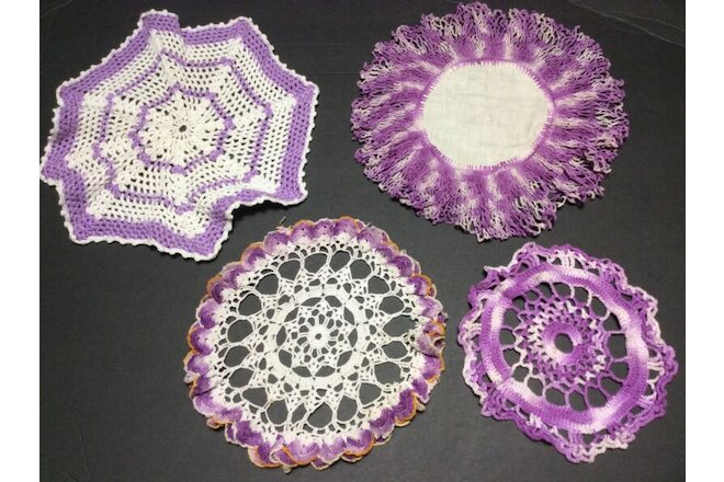 4-VTG Crochet Round Purple Lavender Table Doily Handmade Shabby Boho Ruffle Lot