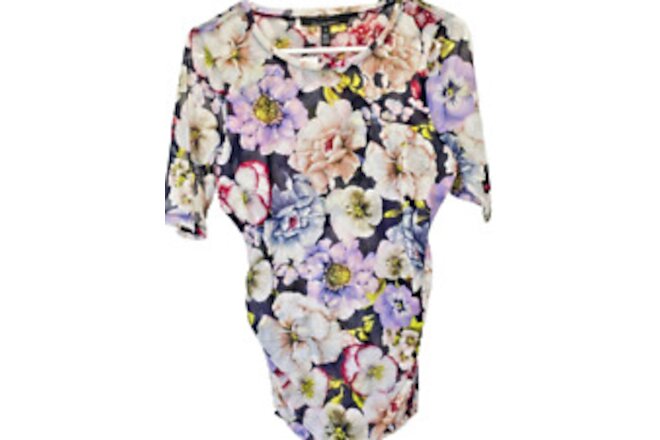 NWT WHITE HOUSE BLACK MARKET FLORAL MESH SIDE RUCHED S/S TOP SZ S