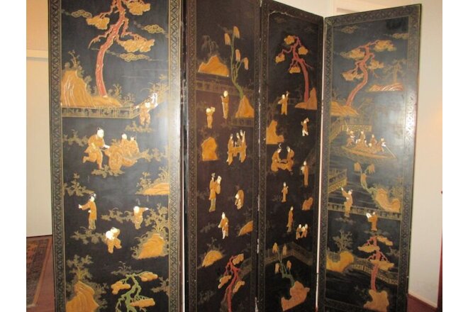ANTIQUE CHINESE 4 PANEL BLACK LACQUER SCREEN HAND CARVED EXQUISITE! RARE19th C.