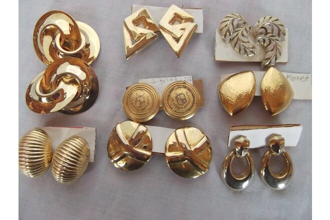 vtg lot 8 pair clip earrings gold tone Monet LSI signed spiral chunky twist