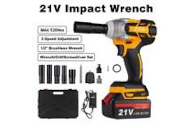 21V Cordless Impact Wrench Kit 1/2" 520Nm High Torque Brushless Drill w/ Battery