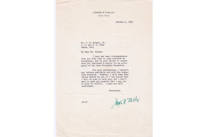 James A. Farley, former US Postmaster CEO Coca Cola Letter Signed in green, 1946