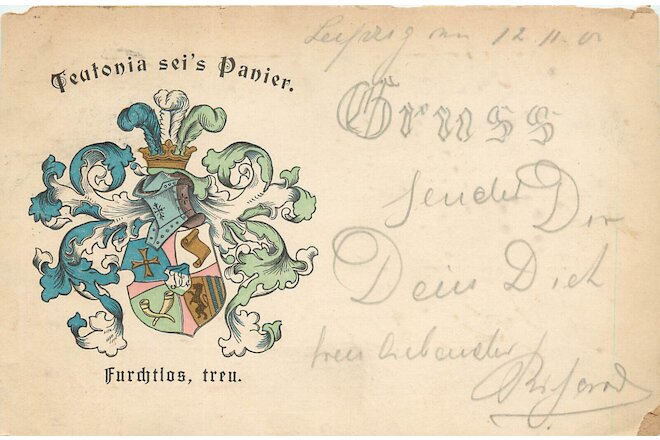 Postcard Teutonia Sei's Panier Gruss Furchtlos Treu German Crest Coat of Arms
