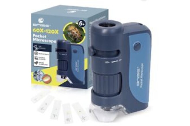 Pocket Microscope,60x-120x LED Lighted Handheld Microscope W/ 5 Slides Specimens