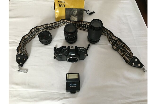 Canon T 60 SLR 35mm Camera, Lenses, Bag & Accessories