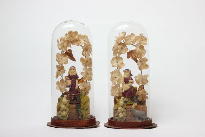 Pair of Antique Victorian Wax Valentine Diorama Glass Dome Girl Doll Flowers