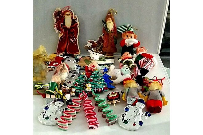 Lot of 30 Assorted Vintage Christmas Tree Ornaments Elfs Snowmen Trees see video