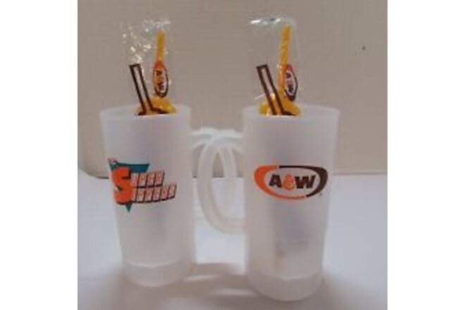 SET OF 2 VINTAGE A & W SUPER SIPPER PLASTIC MUGS with 2 "Great Root Bear" Straws