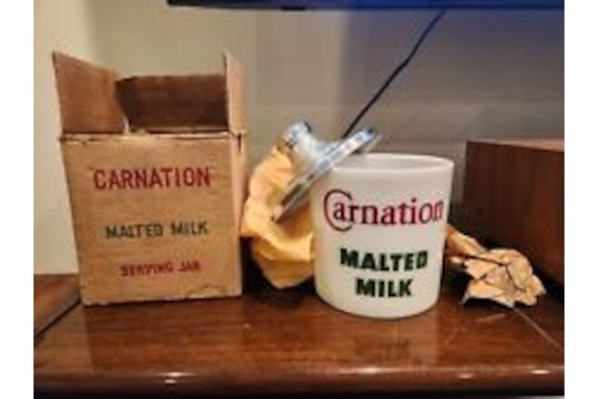 Vintage Carnation Malted Milk Advertising Milk Glass Jar Canister NEW IN BOX!