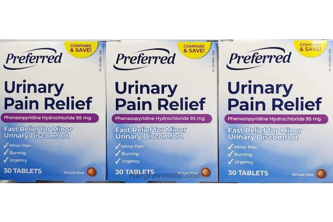 Urinary Pain Relief Phenazopyridine HCL 95mg 30ct Tabs -3 Pack (Compare to AZO)