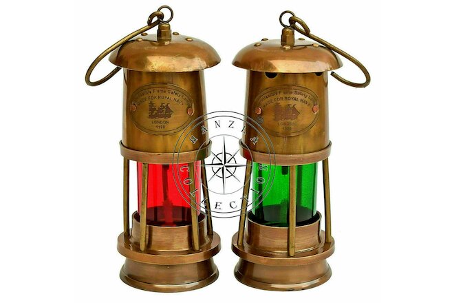 Set Of 2 Antique Brass Minor Lamp Vintage Nautical Ship Boat Light Lantern Décor