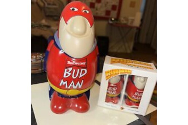 Anheuser Busch 1989 Budweiser Bud Man Stein Solid Head +Bud Man S&P  Shaker