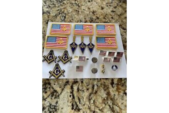 masonic embroidered patches American Flag, Trowel, S&C and Pin Badges