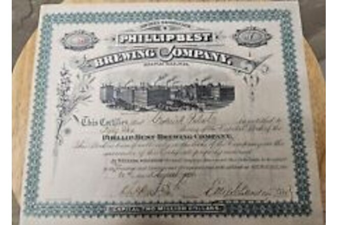 SCARCE Phillip Best Brewing Company 1884 Fred Pabst **SIGNED** Stock Certificate