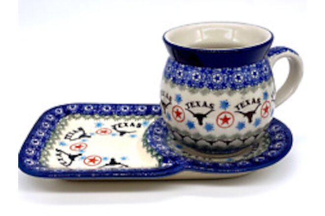 Unikat Boleslawiec Cup Saucer TEXAS Longhorns Star Coffee Tea NEW Polish Pottery