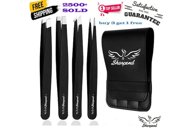 SHARPEND Tweezers Set 4-Piece Professional Stainless Eyebrow Hair Pluckers +Case