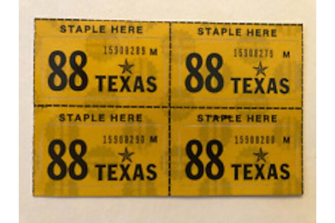 4 Unissued 1988 TEXAS License Plate Stickers Hot Rod Man Cave Lowrider Car Auto