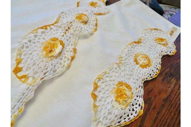 2 PRETTY  Vintage Cotton Pillowcases Golden Yellow Flower Crochet Embellishment