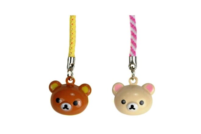 SET OF 2 TEDDY BEAR BRASS BELL CHARM Rilakkuma Two Cute Craft Cell Phone Strap