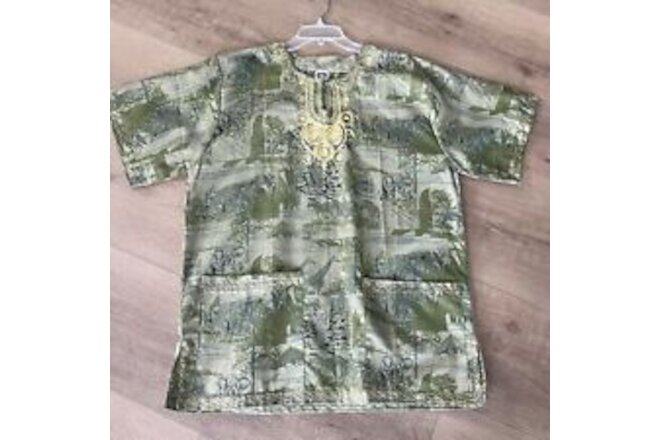 Safari Print Tunic Shirt Unisex 46" Chest Cotton Animal Zebra Green Short Sleeve