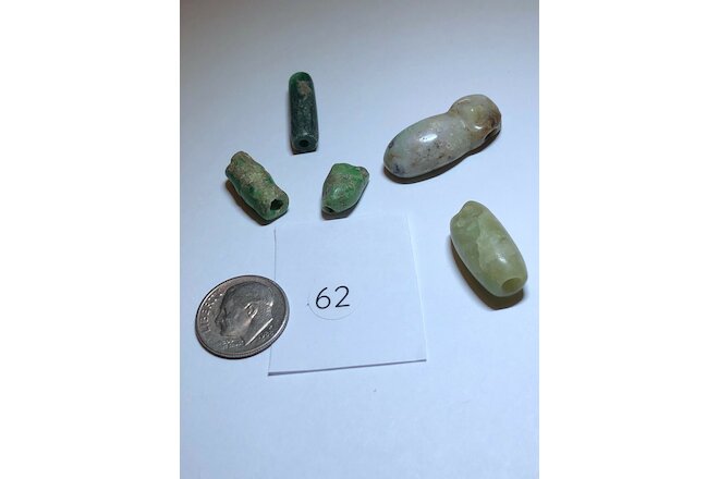 Pre Columbian Mayan Authentic Polished (5)Jade Carved Tubular Beads bundle deal